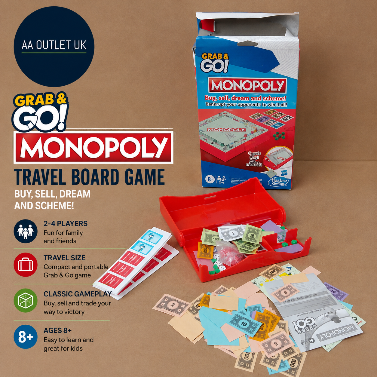 Hasbro Gaming Monopoly Grab Go Travel Board Game 2 4 Players Kids 8+ Design New