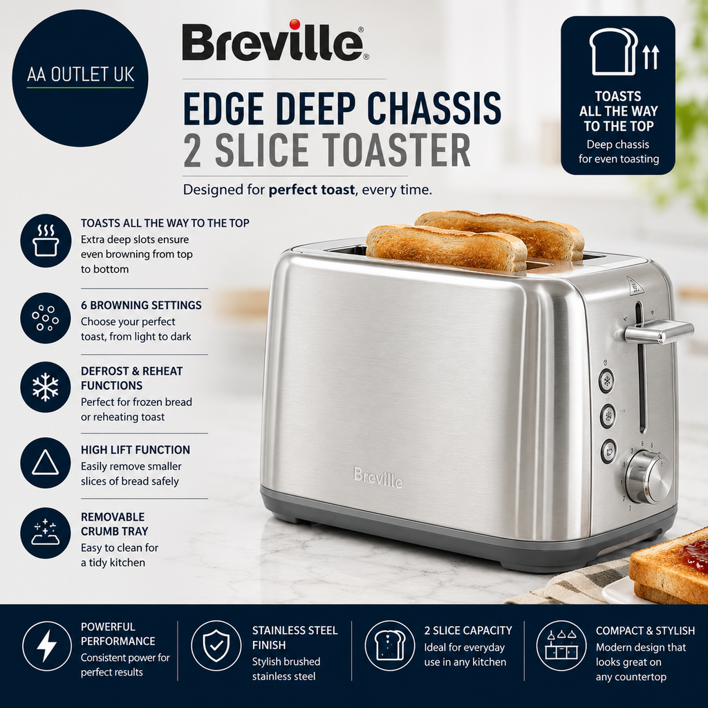 Breville Edge Deep Chassis 2 Slice Toaster Toasts All The Way Top Brushed Steel
