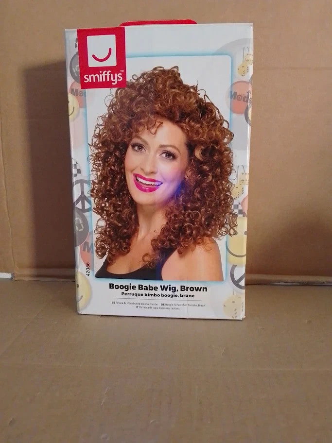 Smiffys Boogie Babe Wig Brown Long Curly 1980s Fancy Dress Adult Dress Up New