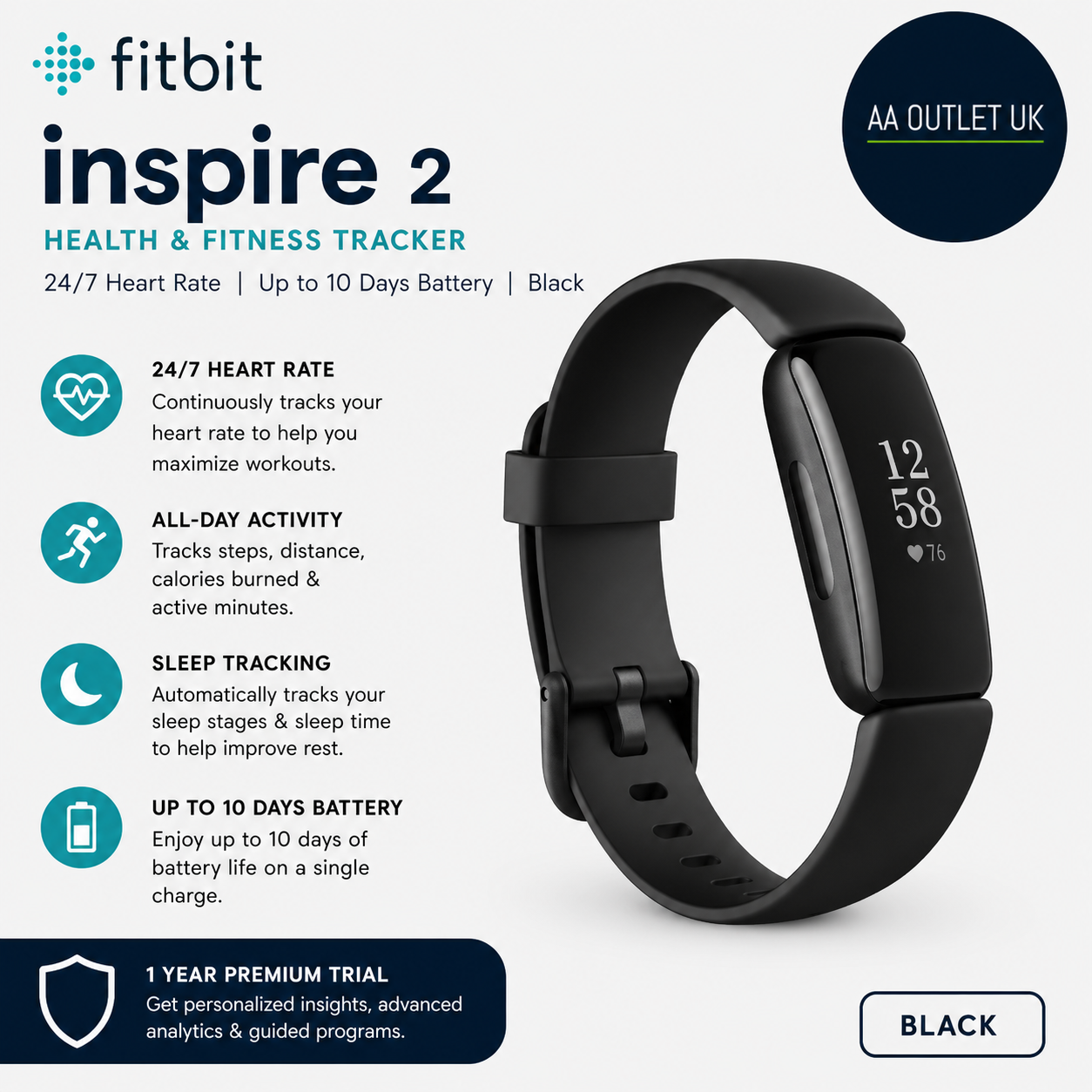 Fitbit Inspire 2 Health Fitness Tracker 24/7 Heart Rate Black One Size