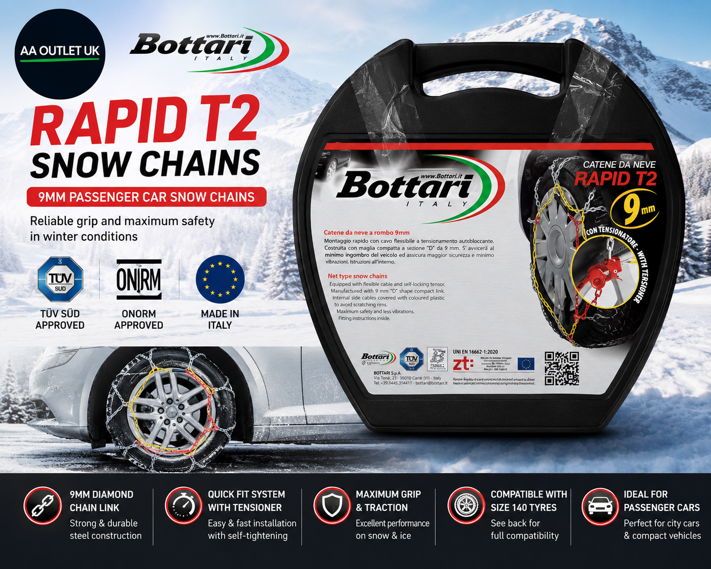 Bottari 18835 Rapid T2 9mm Car Passenger Snow Chains TUV ONORM Approved Size 140