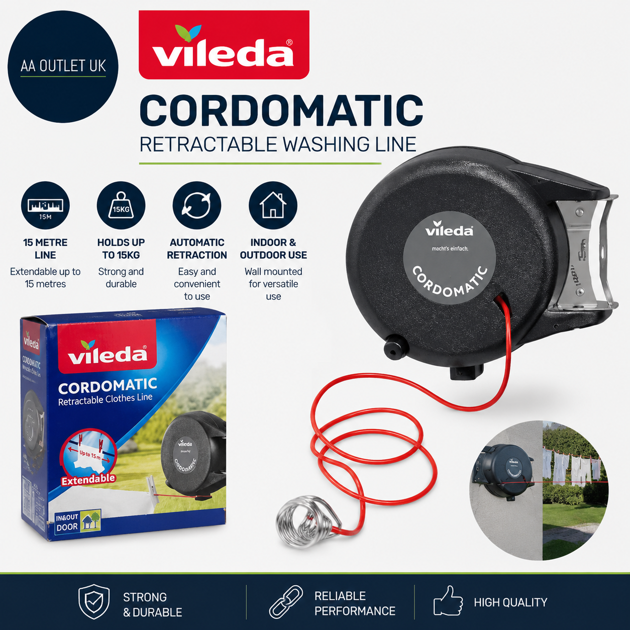Vileda Cordomatic Retractable Washing Line 15m 1x15m Clothes Line Holds Up 15kg