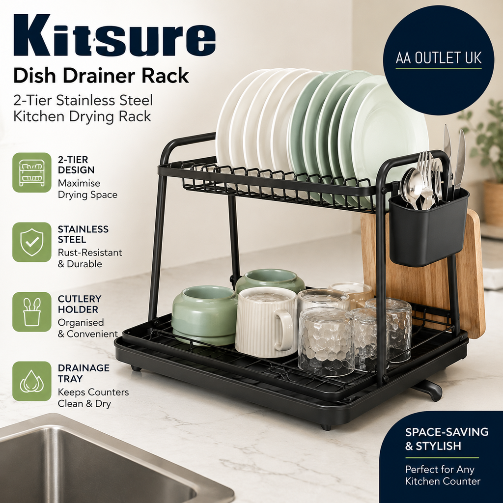 Kitsure Dish Drainer Rack Space Saving Racks Kitchen 29x38x38cm Large Black