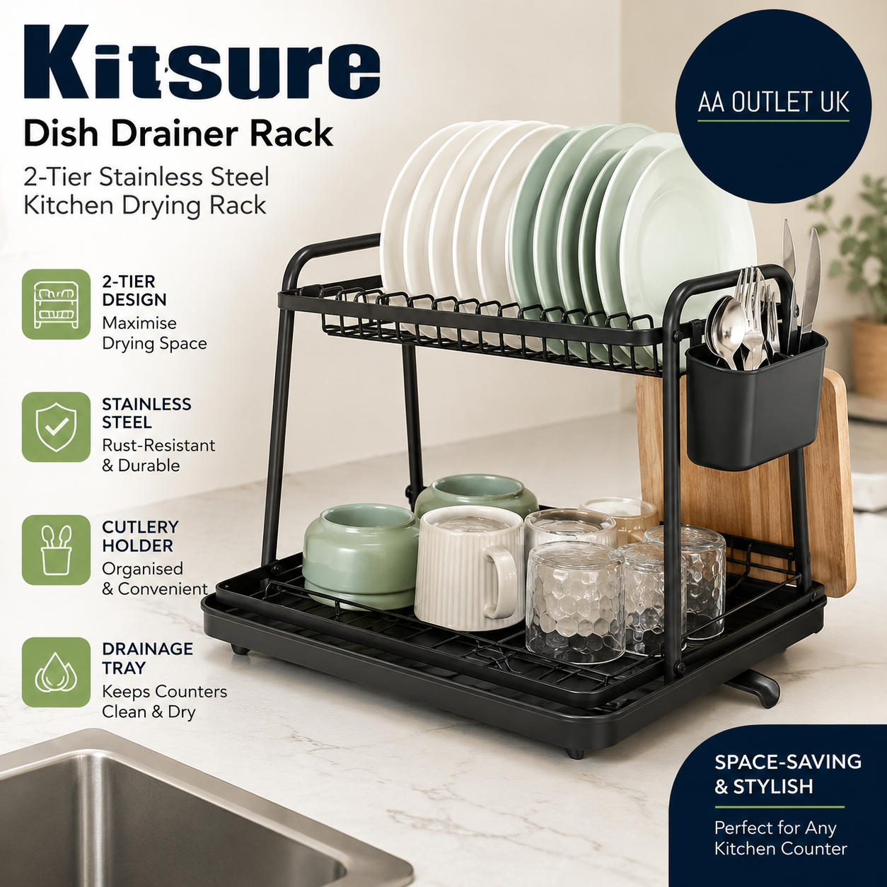 Kitsure Dish Drainer Rack Space Saving Racks Kitchen 29x38x38cm Large Black