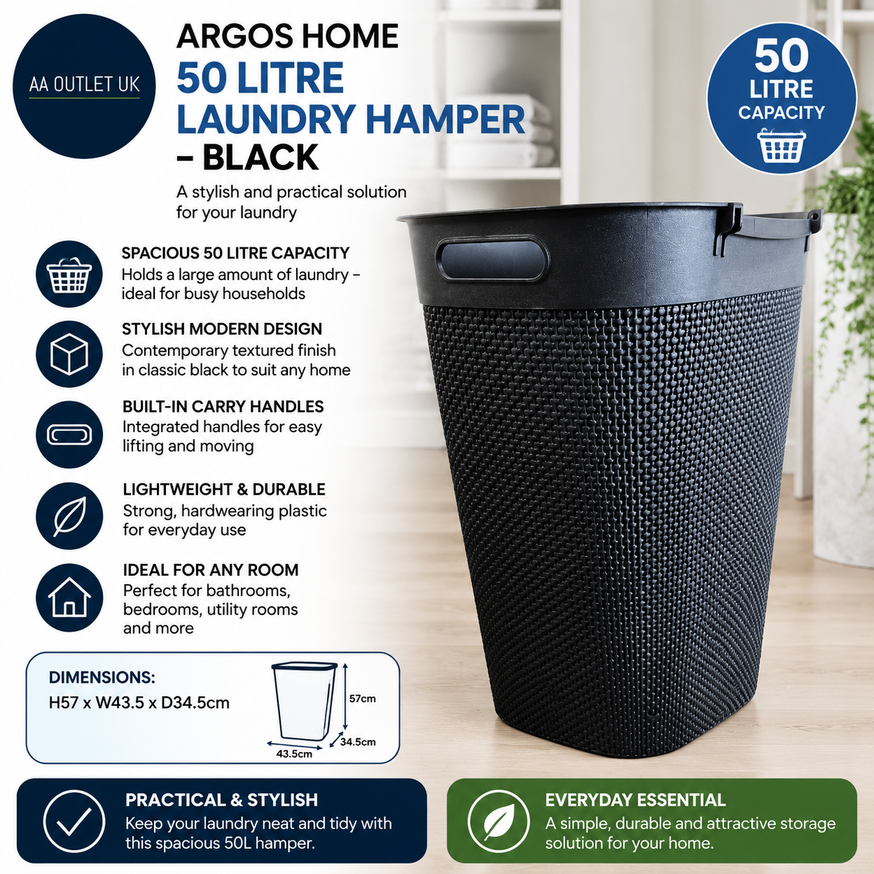 Argos Home 50 Litre Capacity Laundry Hamper Black 57x43.5x34.5cm
