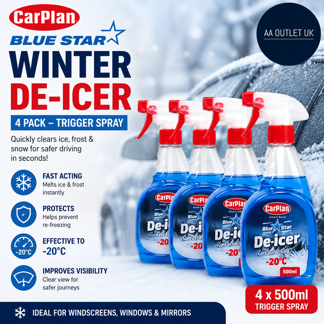 CarPlan TDI501 Blue Star Winter De Icer Trigger Spray 500ml 4pc