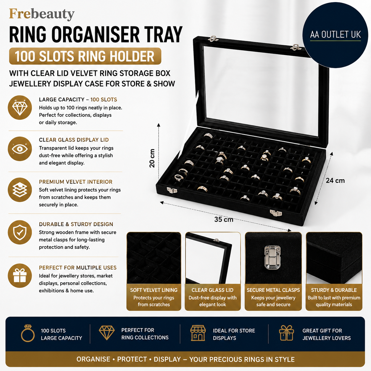 Frebeauty Ring Organiser Tray 100 Slots Ring Holder Clear Lid 9.5x13.8x2in