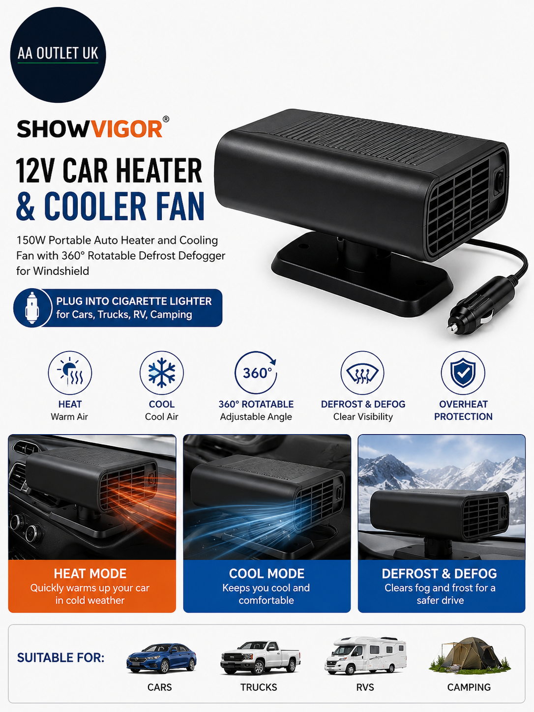Showvigor 12V Car Heater Cooler 150W Portable Auto Heater Cooling Fan