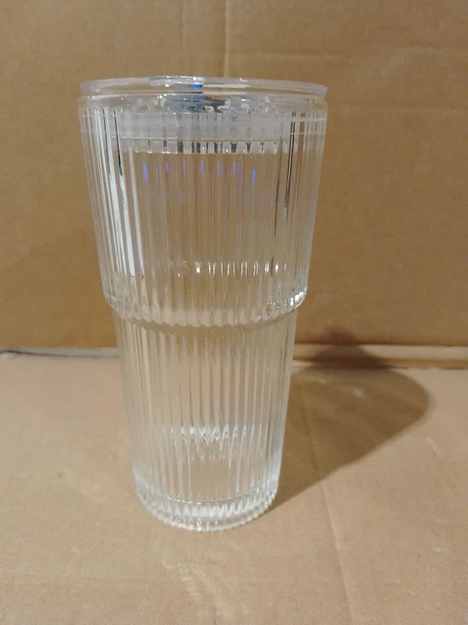 Kemorela 2 Pack 600ml Ribbed Glass Cup With Lids Leakproof Reusable New