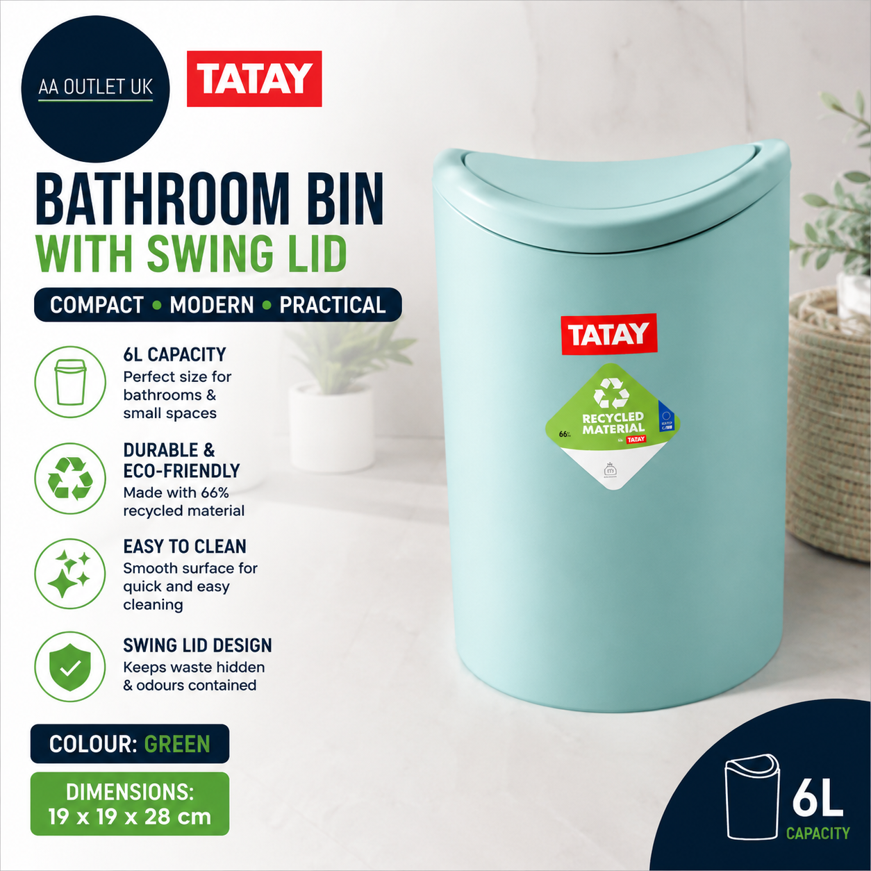 Tatay Bathroom Bin Swing Lid 6L Capacity Compact Modern Design Durable Green