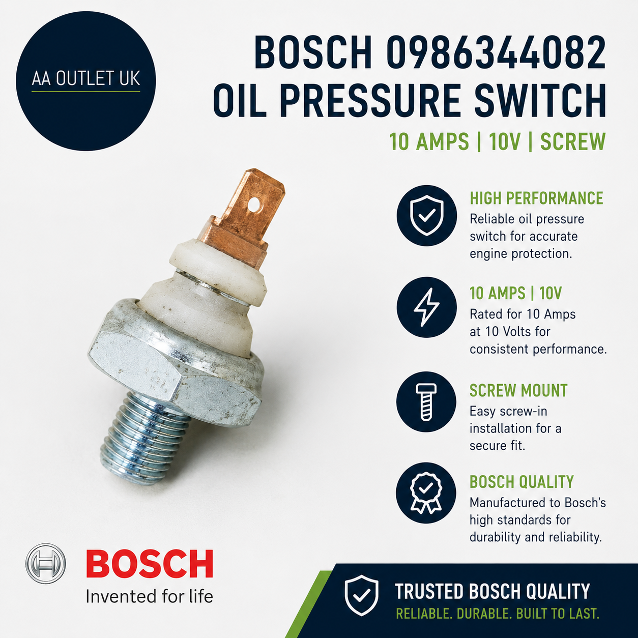 Bosch 0986344082 Oil Pressure Switch 10 Amps 10V Screw