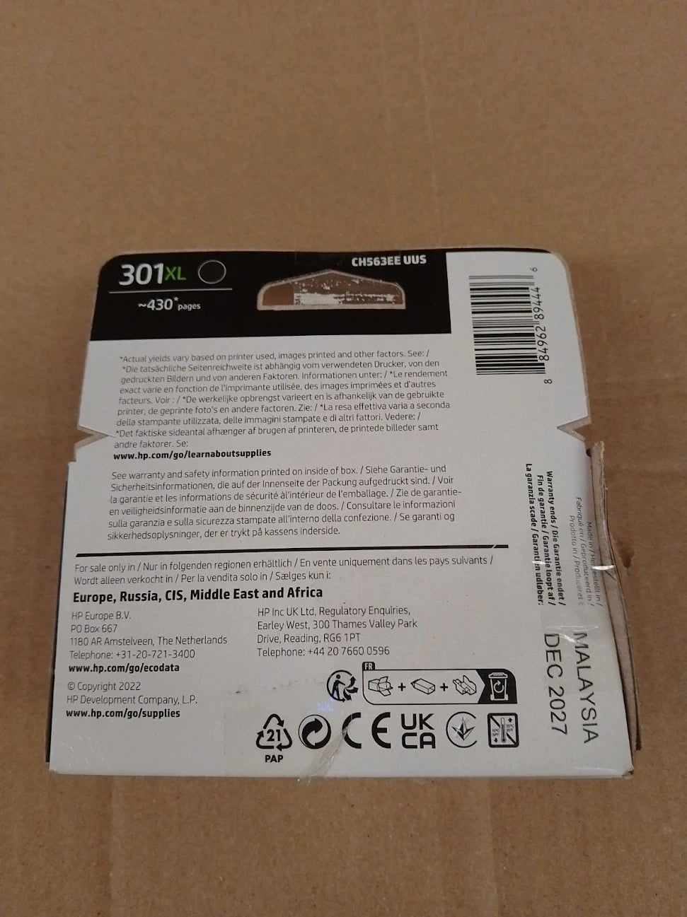 HP 301XL High Yield Black Original Ink Cartridge CH563EE Works DeskJet 1000 1010