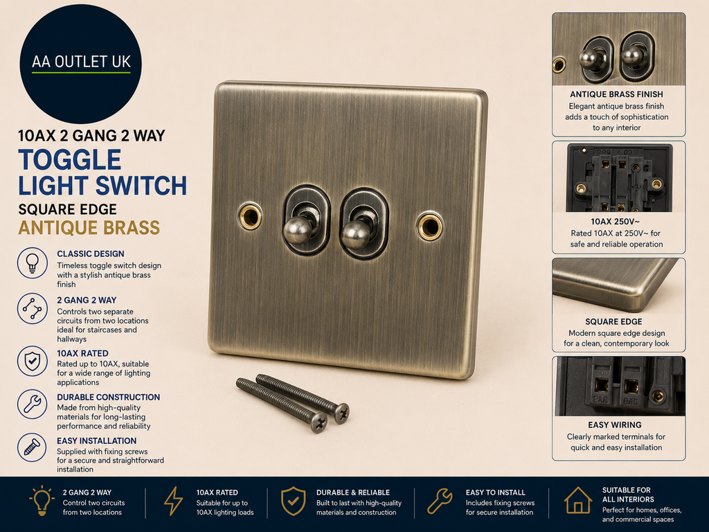 10AX 2 Gang 2 Way Toggle Light Switch Square Edge Antique Brass Alloy Steel