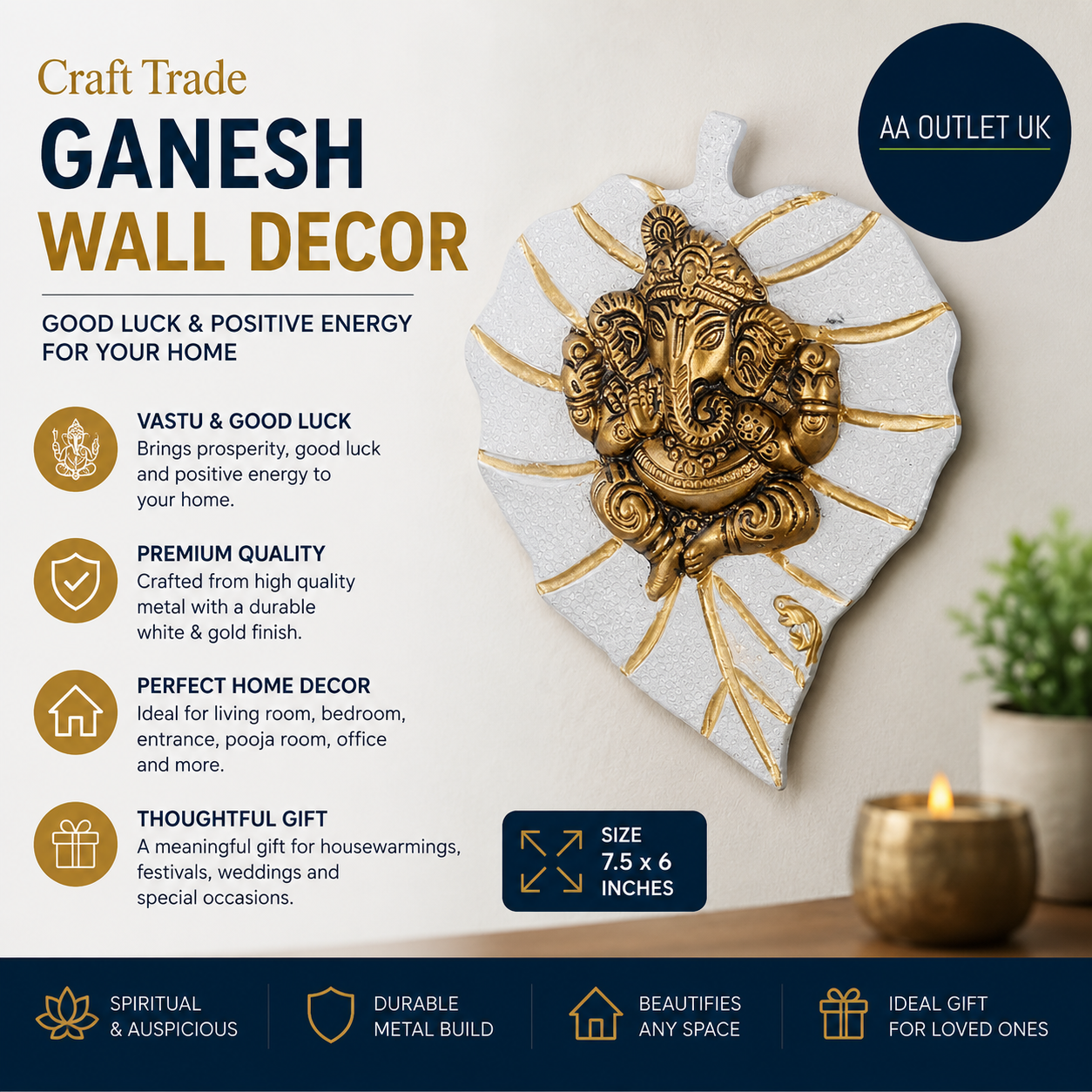 Craft Trade Ganesh Metal Vastu Idol Items Wall Decor Good Luck 7.5x6in