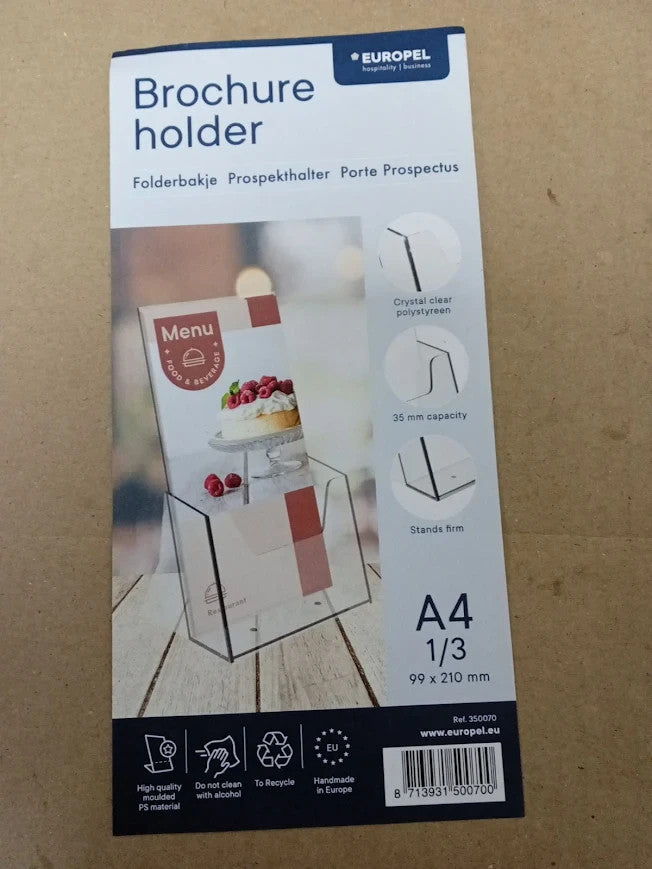 Europel Brochure & Literature Holder 1/3 A4 Size Impact Resistant Plastic Clear