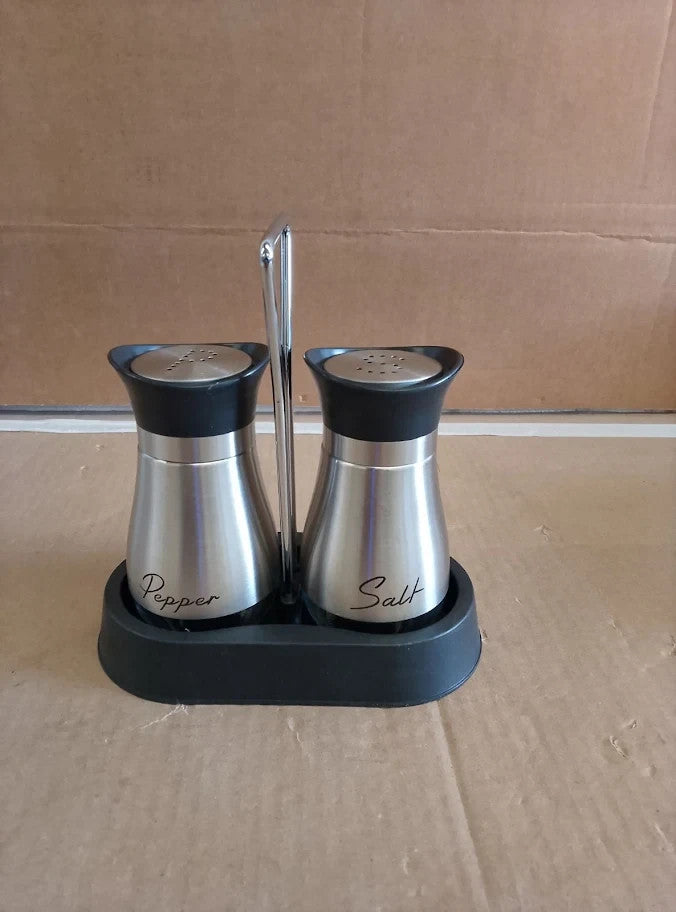 Salt And Pepper Sets Shakers With Holder Set Of 2 Stainless Silver New