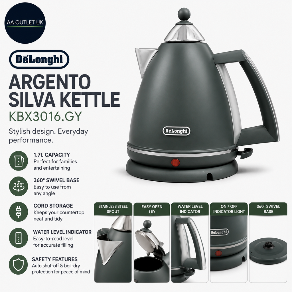 DeLonghi Argento Silva KBX3016.GY Kettle 1.7L Capacity 360 Swivel Base Grey