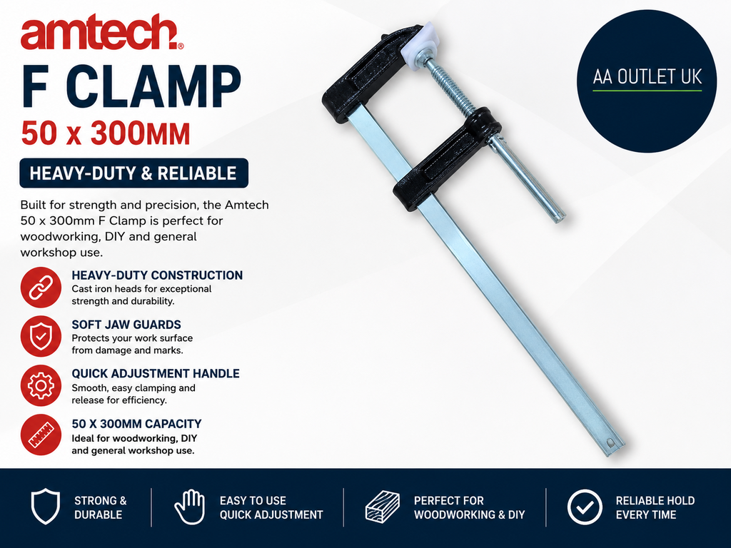 Amtech 50x300mm F Clamp Heavy Duty Cast Iron Heads Soft Jaw Guards Adjustment