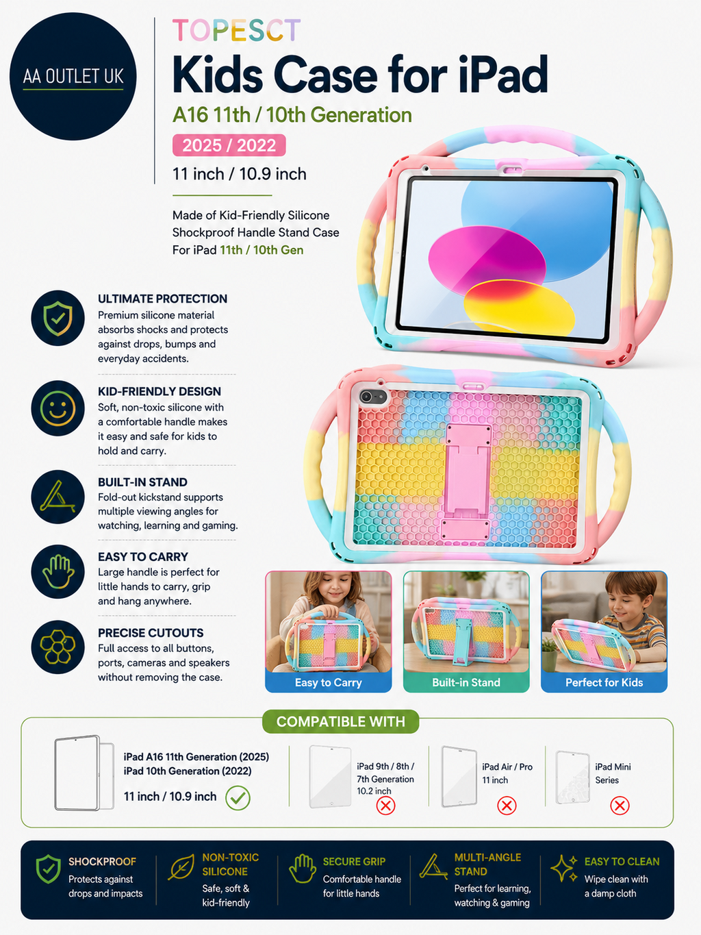 Topesct Kids Case iPad A16 11th 10th Gen 11in 10.9in Kid Friendly Silicone