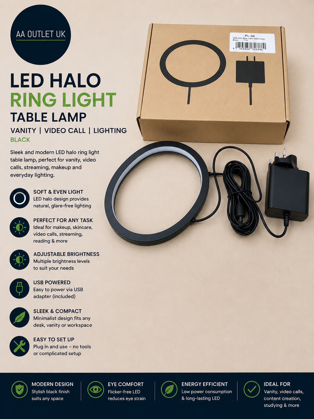 LED Halo Ring Halo Light Table Lamp Vanity Video Call Lighting Black New