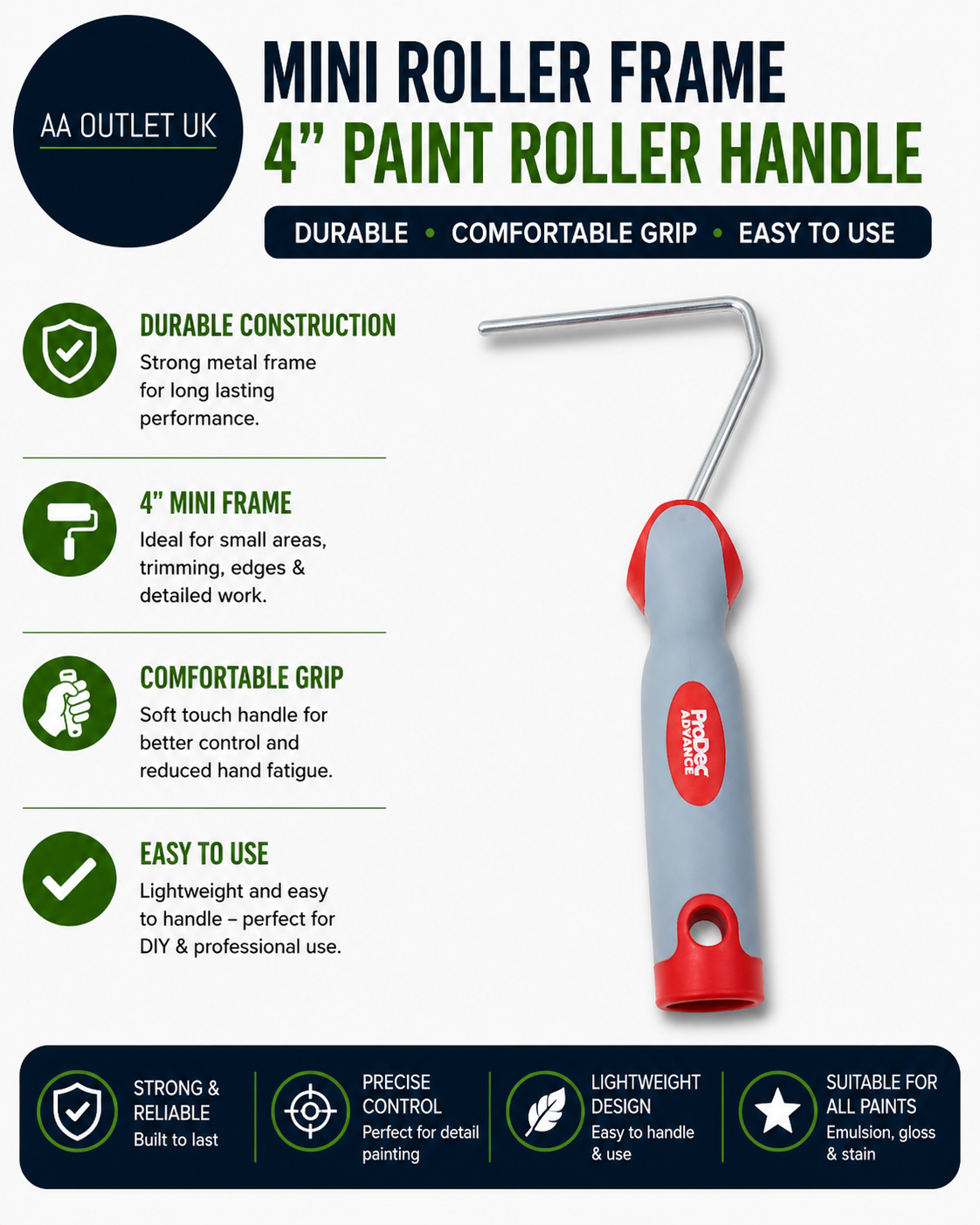 ProDec Advance 4inch Mini Paint Roller Frame Soft Grip 6mm Push Fit Chrome Bar