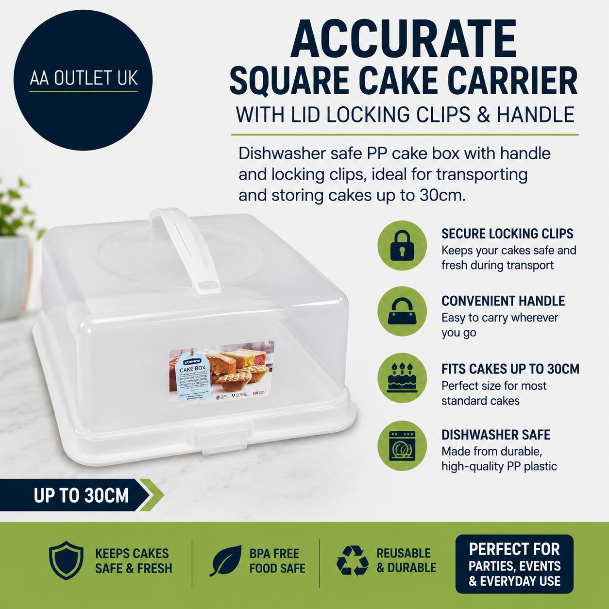 Accurate Plastic Square Cake Carrier Lid Locking Clips Handle Dishwasher