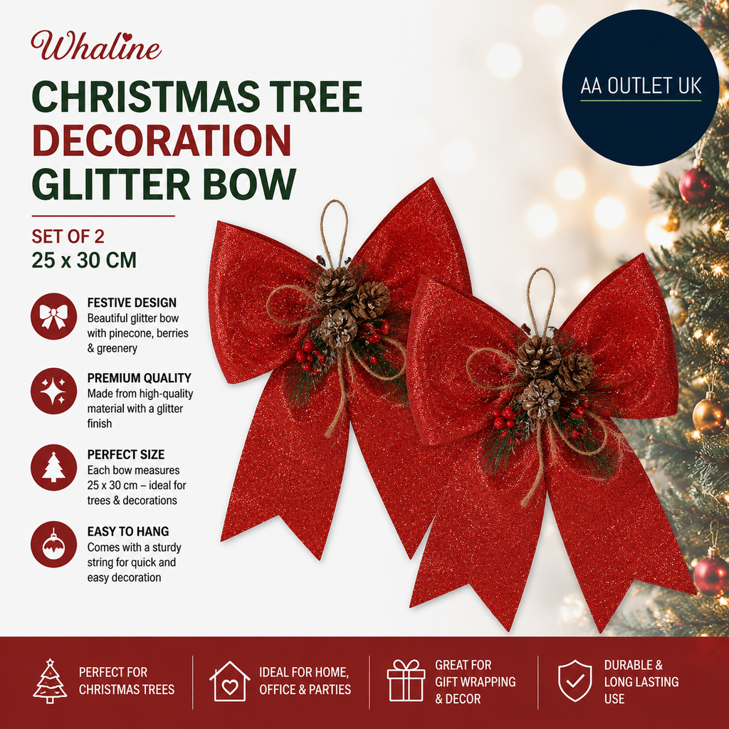 Whaline 2x Christmas Tree Decoration Glitter Bow 25x30cm Premium Red New