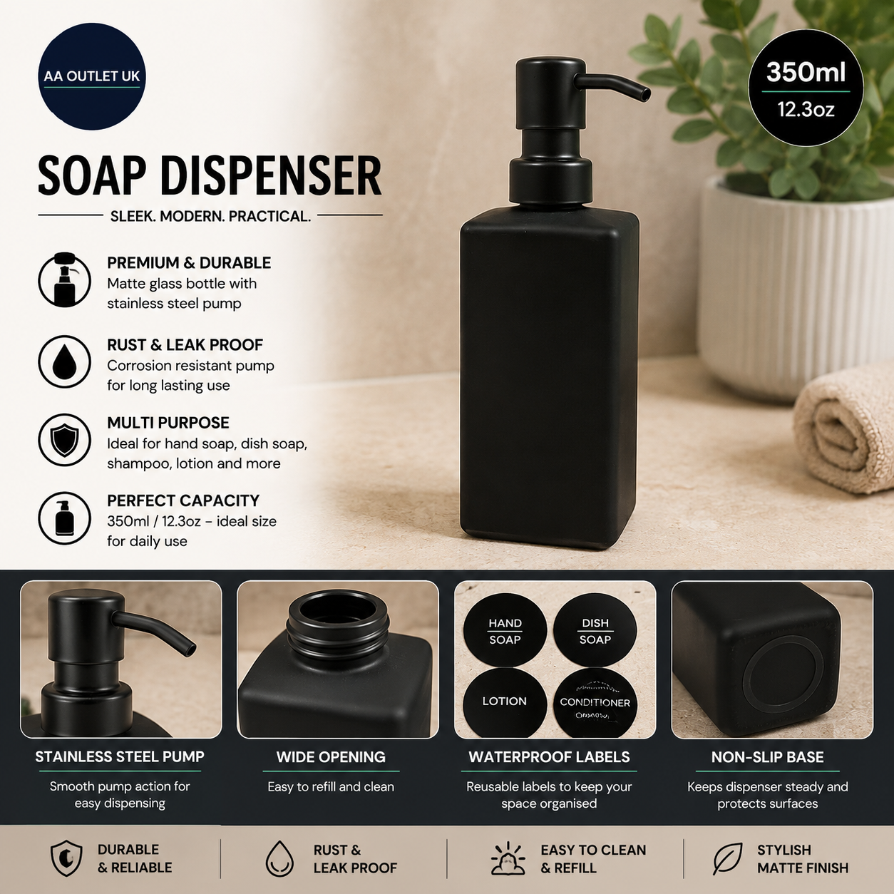 Soap Black Stainless Steel Pump Hand Soap Dispenser 350ml Waterproof Black