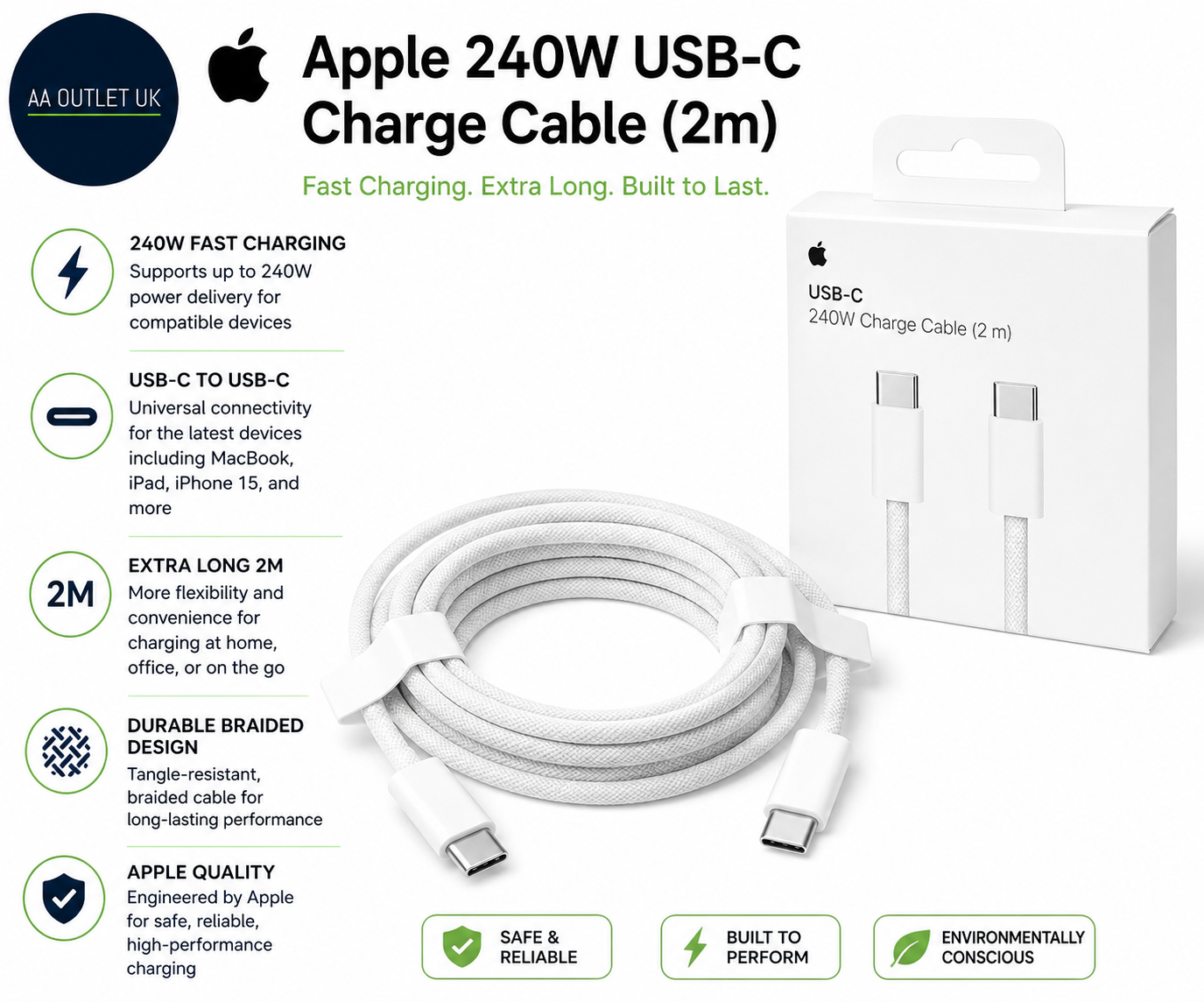 Apple 240W USB C Fast Charging Adapter Cable 2m White