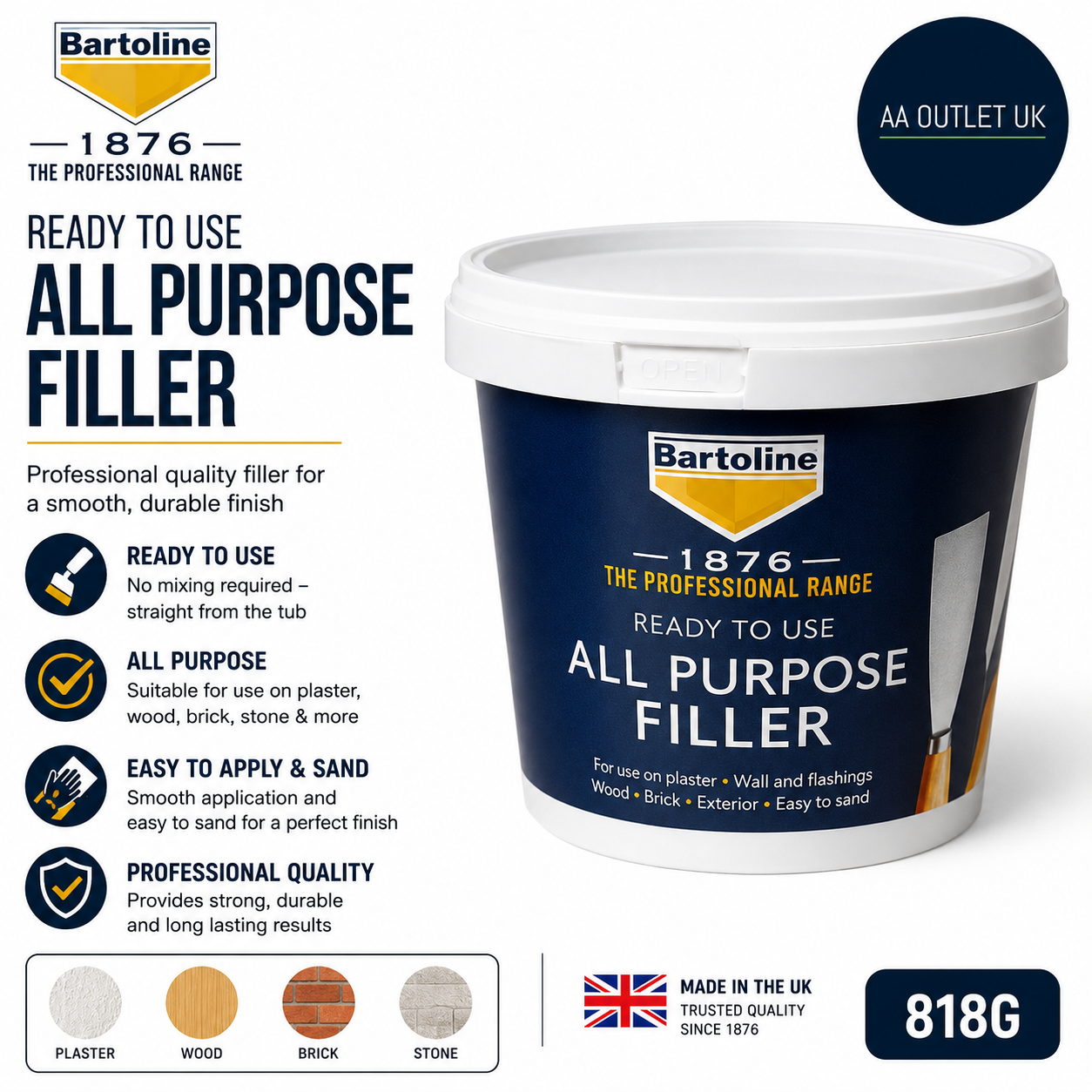 Bartoline 1876 Ready to Use All Purpose Filler Professional Quality Plaster 1kg