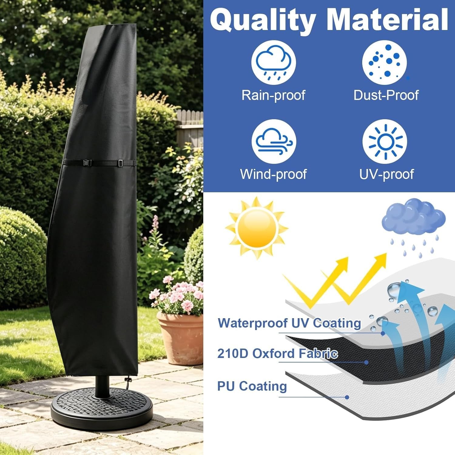 Teynewer Parasol Cover Waterproof Cantilever Protective 205x25x57x48cm Black