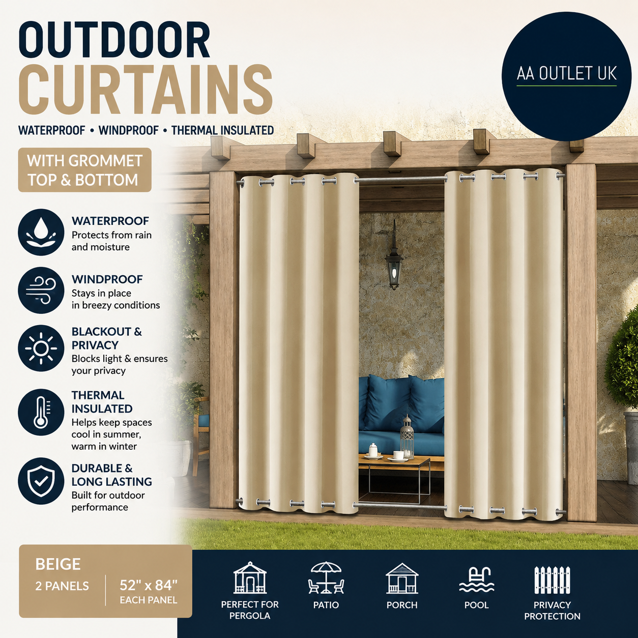 Mingpinhuius Outdoor Curtains Waterproof Grommet Top Bottom Garden 52x84in