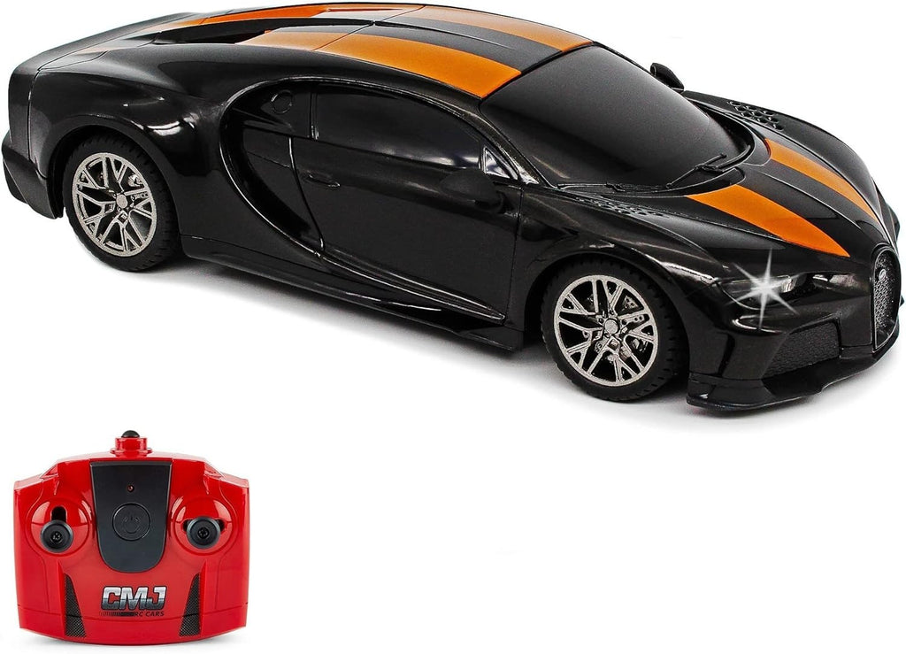 CMJ RC Cars Bugatti Chiron 1:24 Scale Remote Control Black Orange Lights New