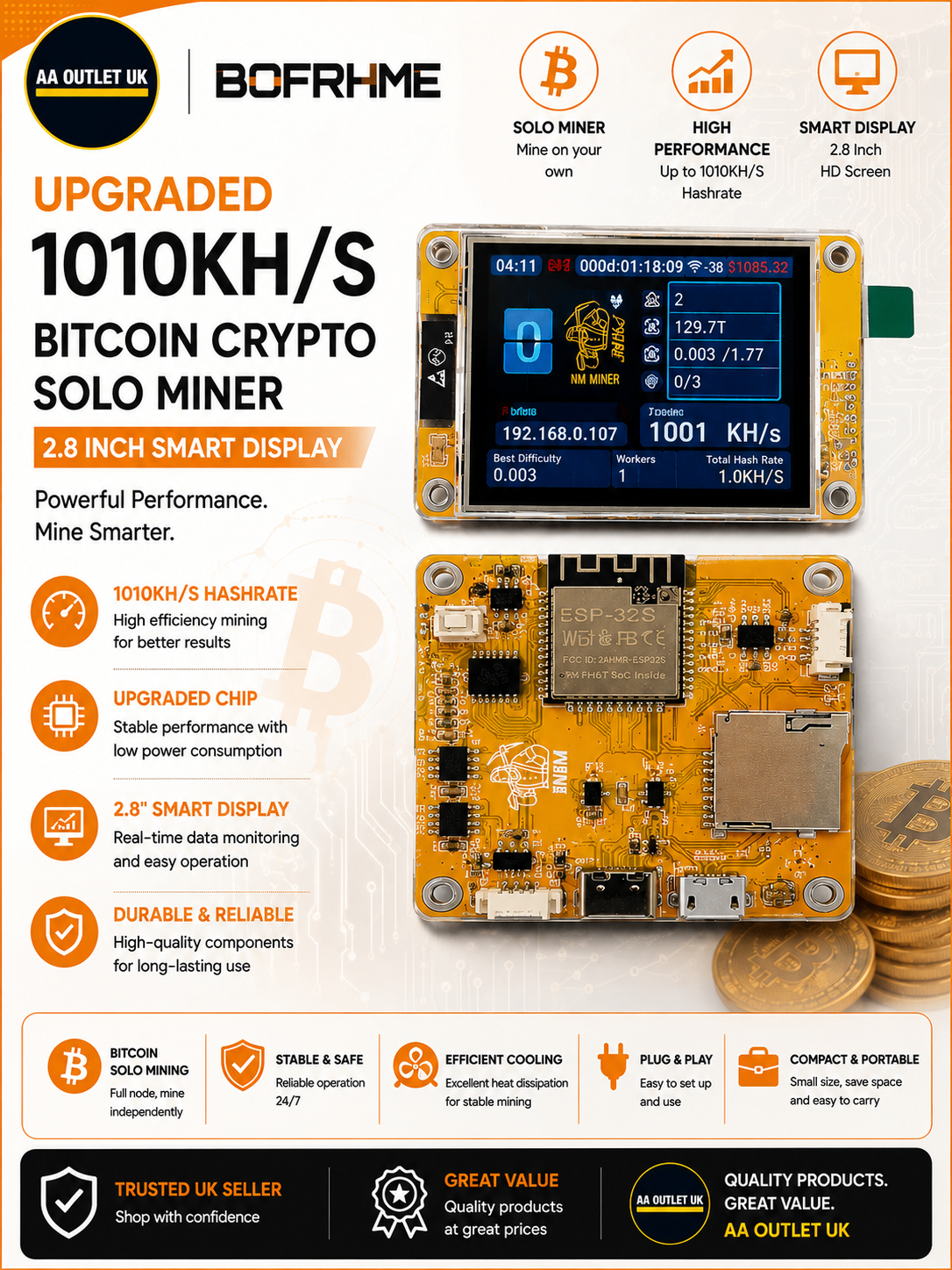 Bofrhme Upgraded 1010KH S Bitcoin Crypto Solo Miner 2.8in Smart Display 1010KHS