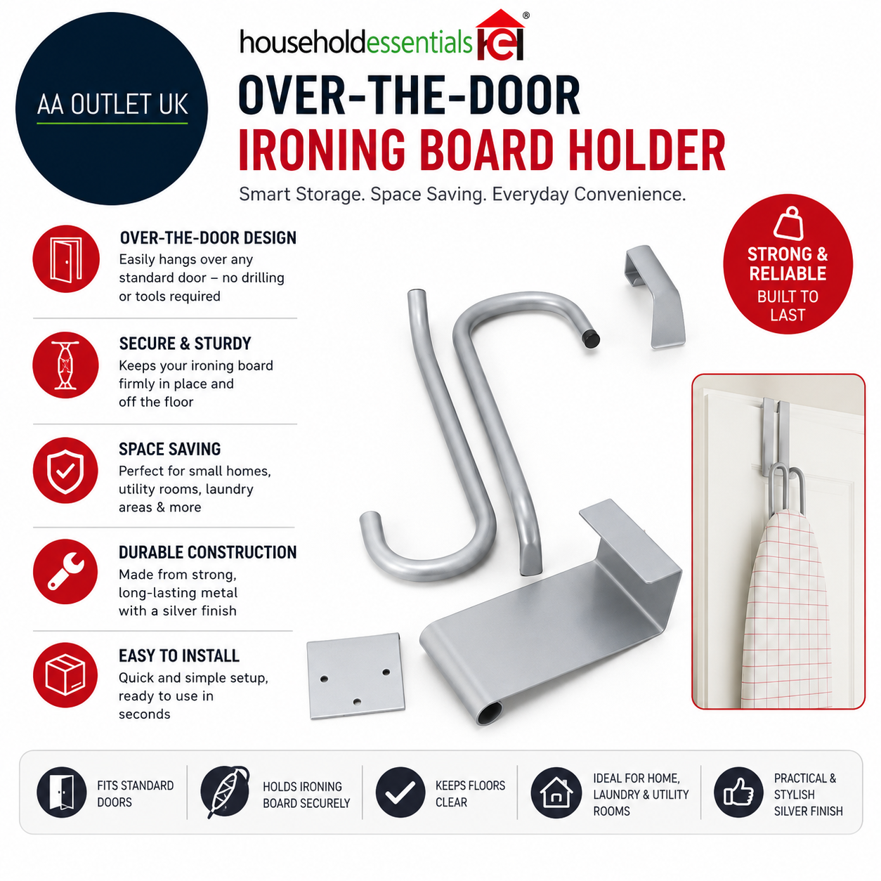 Household Essentials Over The Door Ironing Board Holder Silver Hanging Shelf