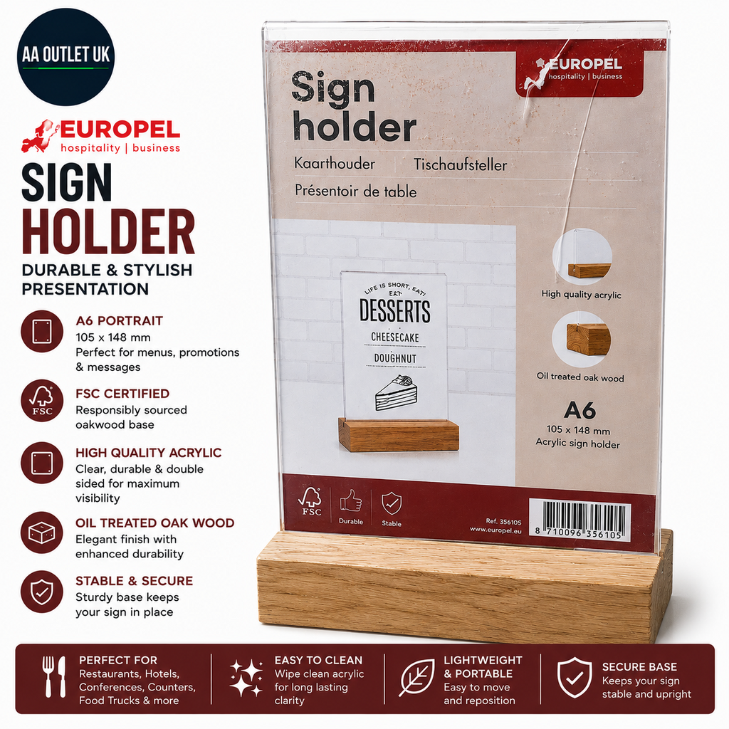 Europel Sign Holder A6 Portrait Durable FSC Certified Oakwood Base Double Sided