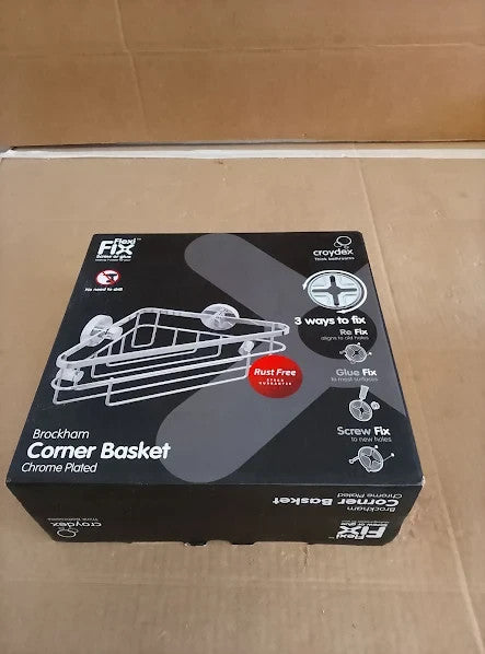 Croydex Brockham Flexi Fix Corner Caddy Chrome Shower Shelf 12.5x26x14cm New