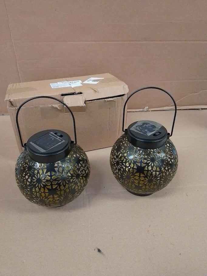 Set Of 2 Solar Powered Hanging Garden Lanterns Metal Globe Outdoor LED New
