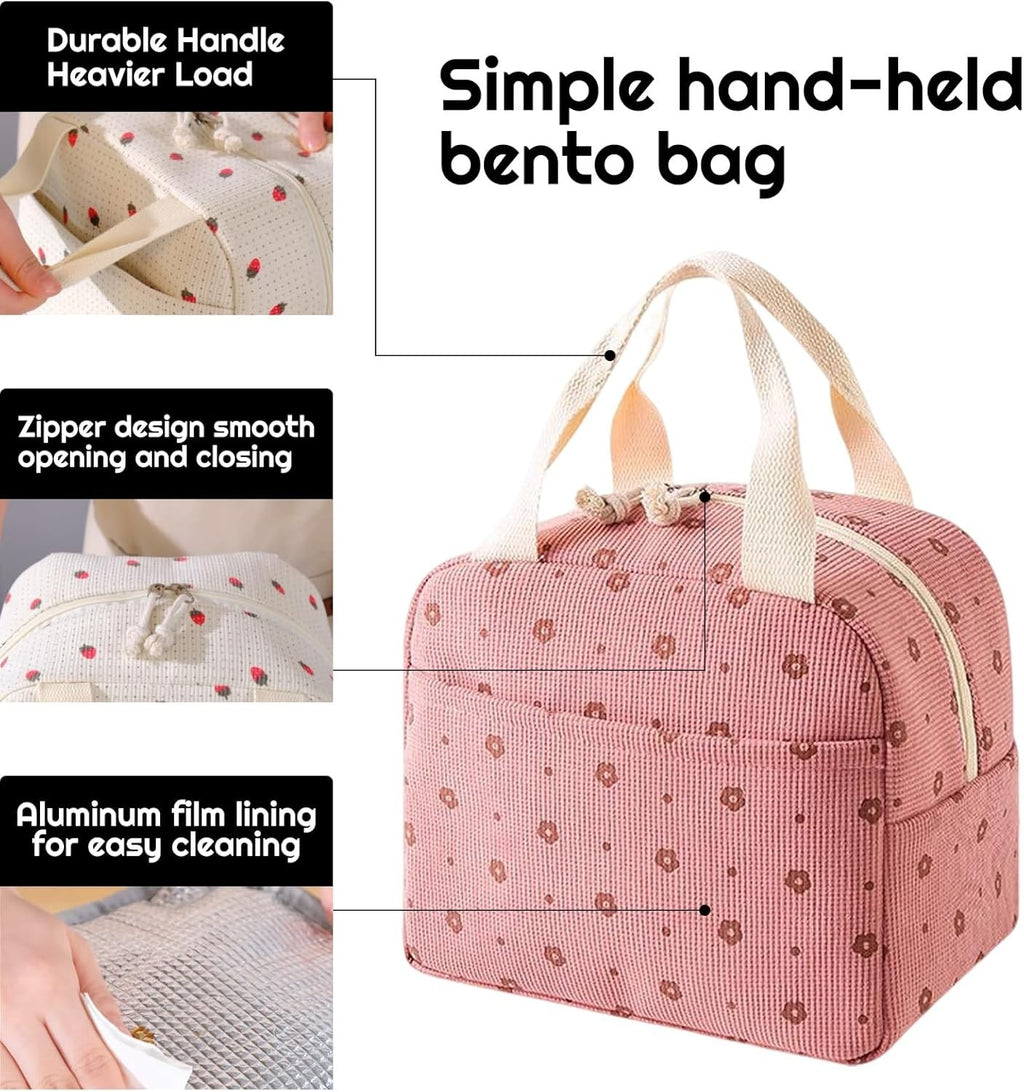 Suoxo 10L Large Corduroy Insulated Lunch Bag Thermal Tote 26x18x21cm New