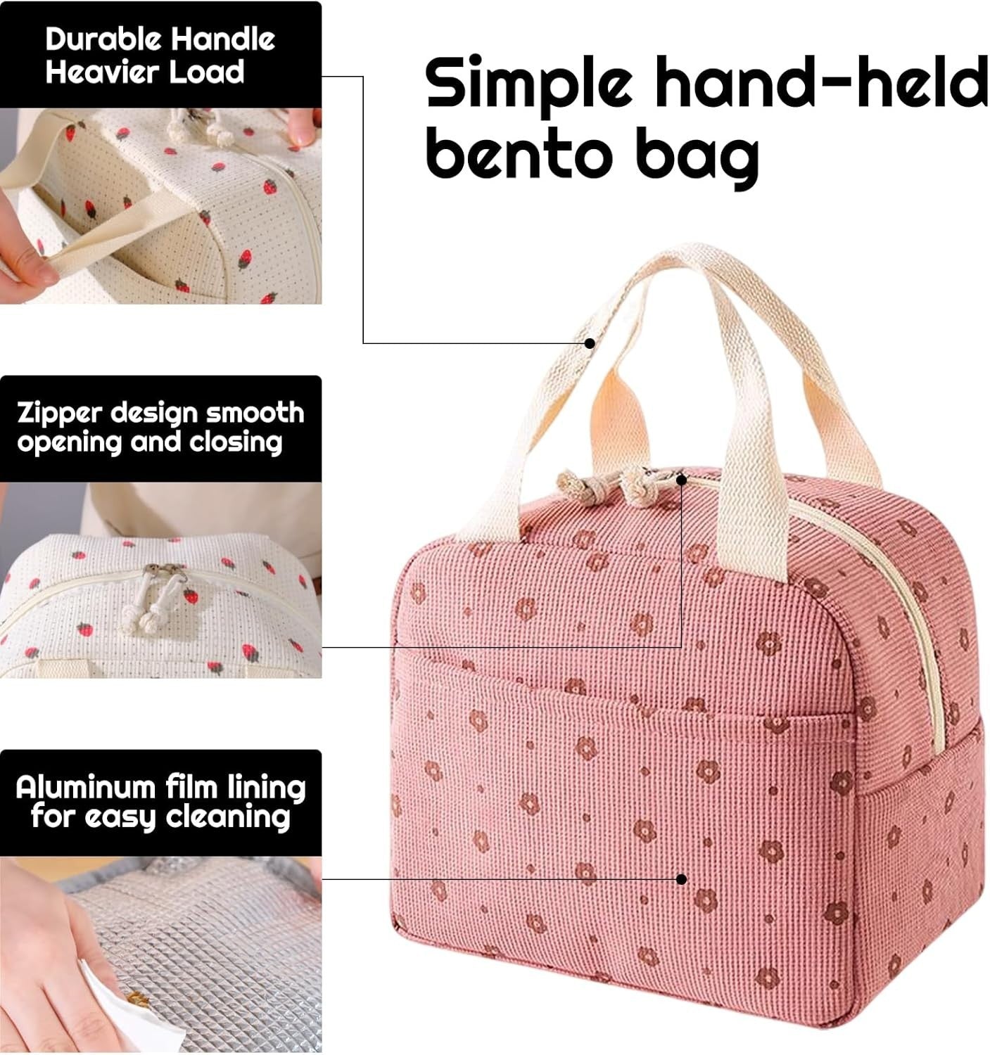 Suoxo 10L Large Corduroy Insulated Lunch Bag Thermal Tote 26x18x21cm New