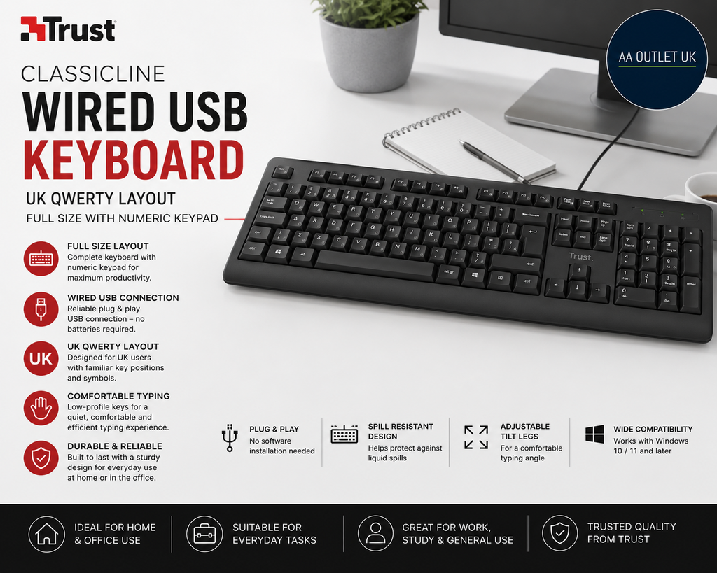 Trust ClassicLine Wired USB Keyboard UK Full Size Numeric Keypad Black New