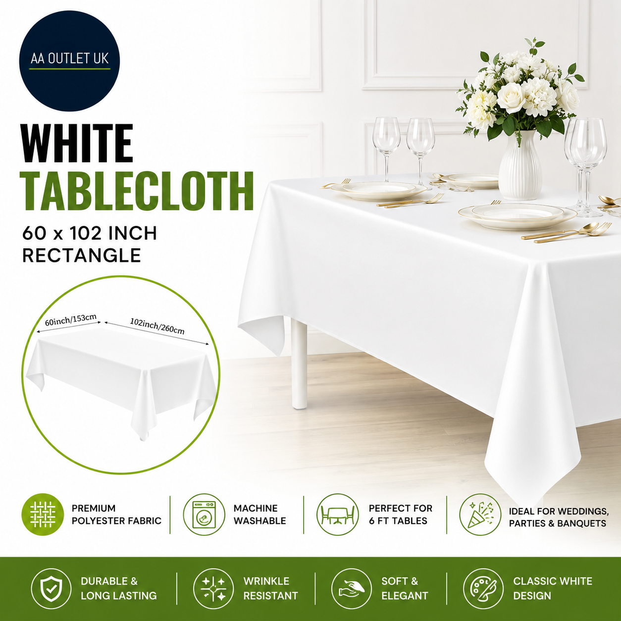Lumaycens White Tablecloth 60x102in Rectangle Polyester Farbic Washable White