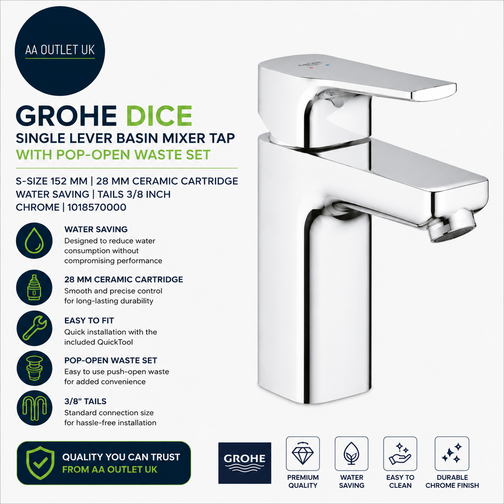 Grohe Dice Single Lever Basin Mixer Tap Pop Open Waste Set Chrome 1018570000