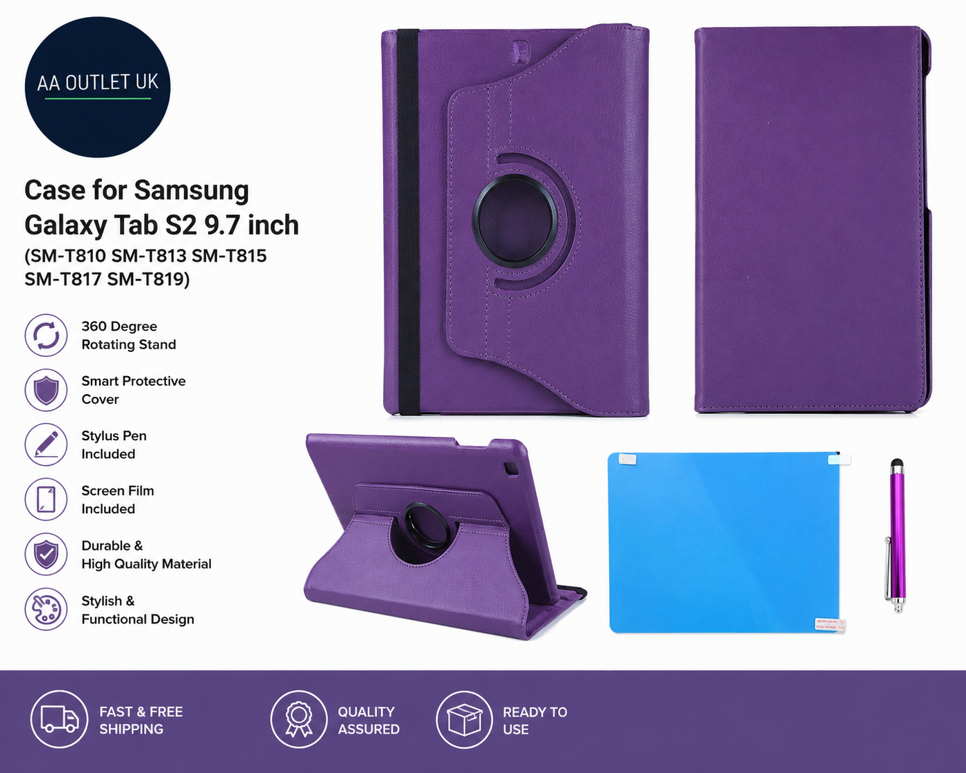 Case Samsung Galaxy Tab S2 9.7in SMT810 T813 T815 T817 T819 360 Degree Rotating