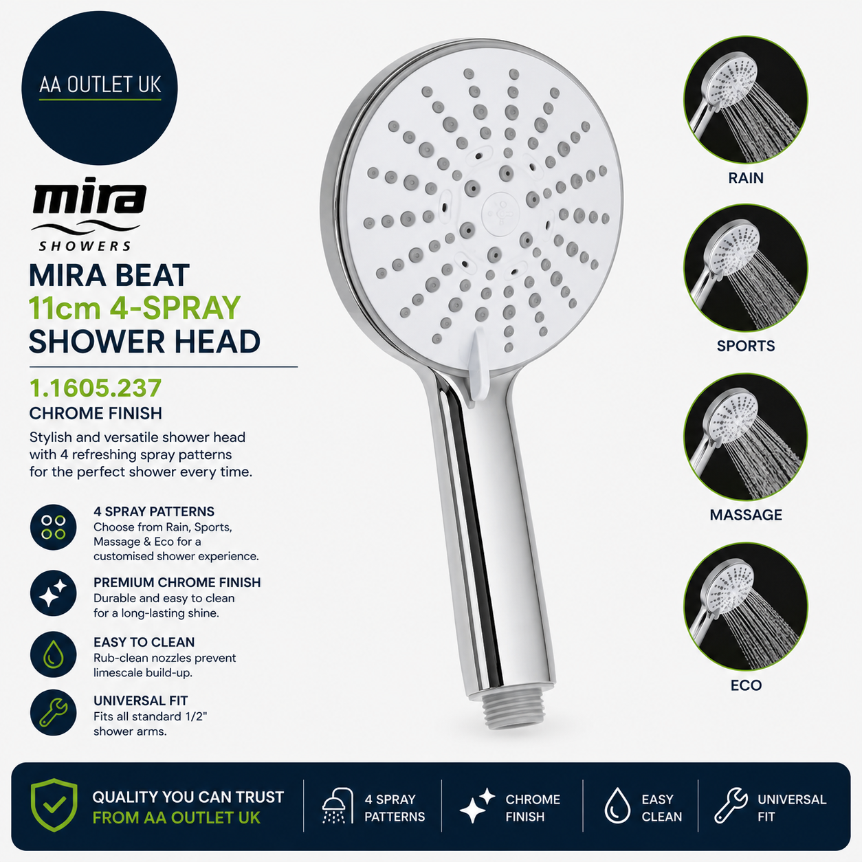 Mira Showers 11605237 Beat 11 cm 4 Spray Shower Head Chrome