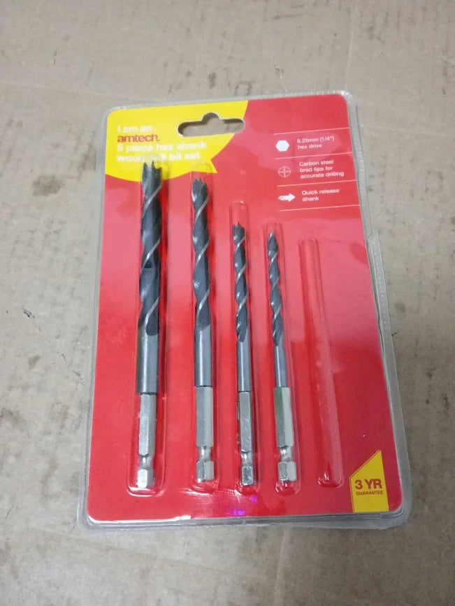 Amtech 4pc Hex Shank Wood Drill Bit Set Brad Point Carbon Steel 1/4in