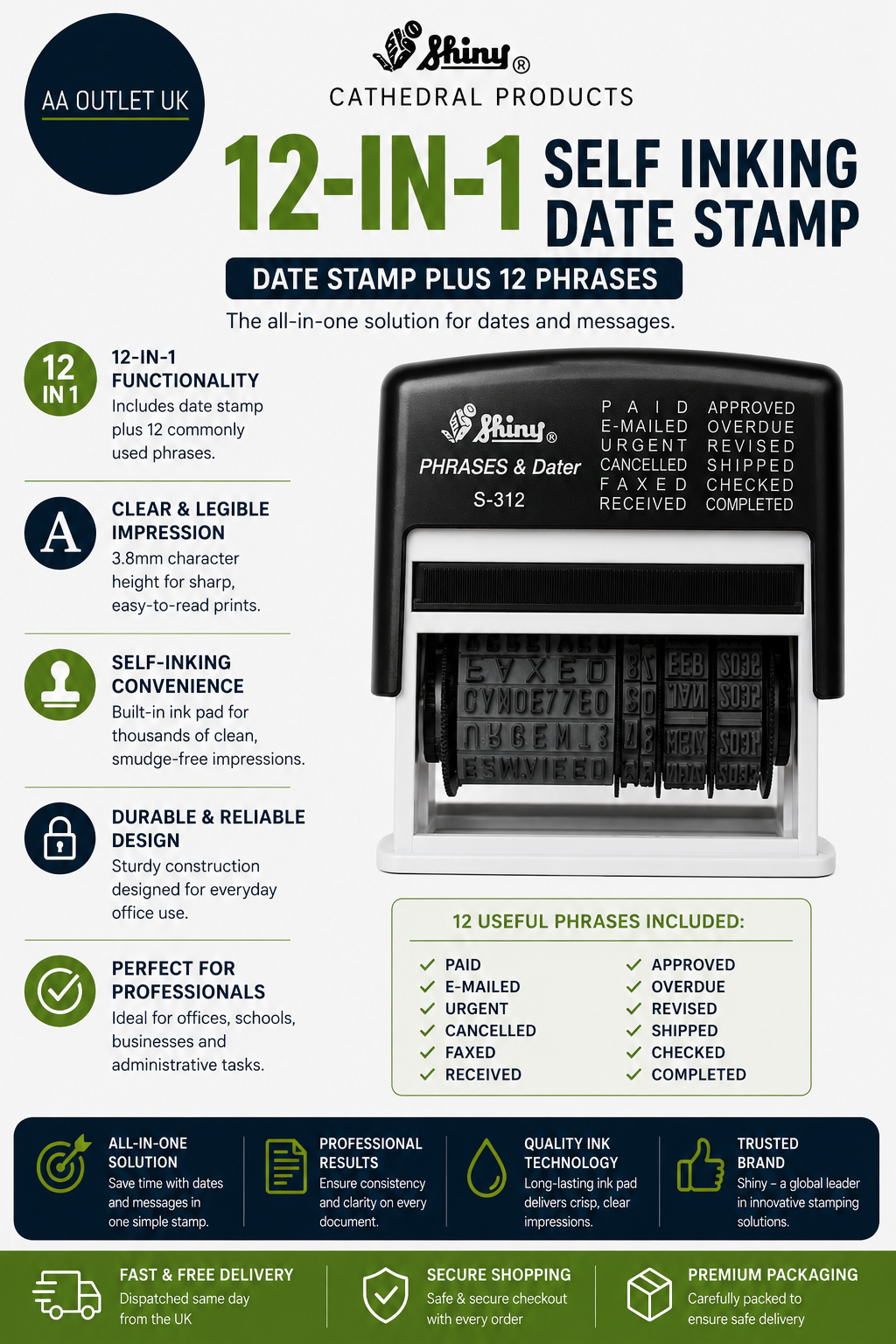 Cathedral Products 12 In 1 Self Inking Date Stamp Plus 12 Phrases 3.8mm