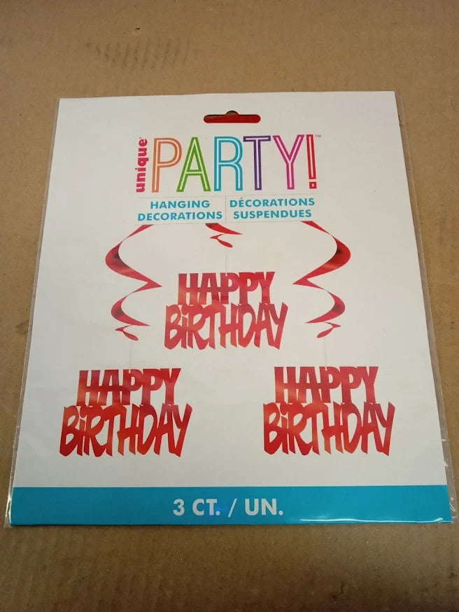 Happy Birthday Red Foil Hanging Swirl Decorations 81cm 3 Pieces Party Decor New
