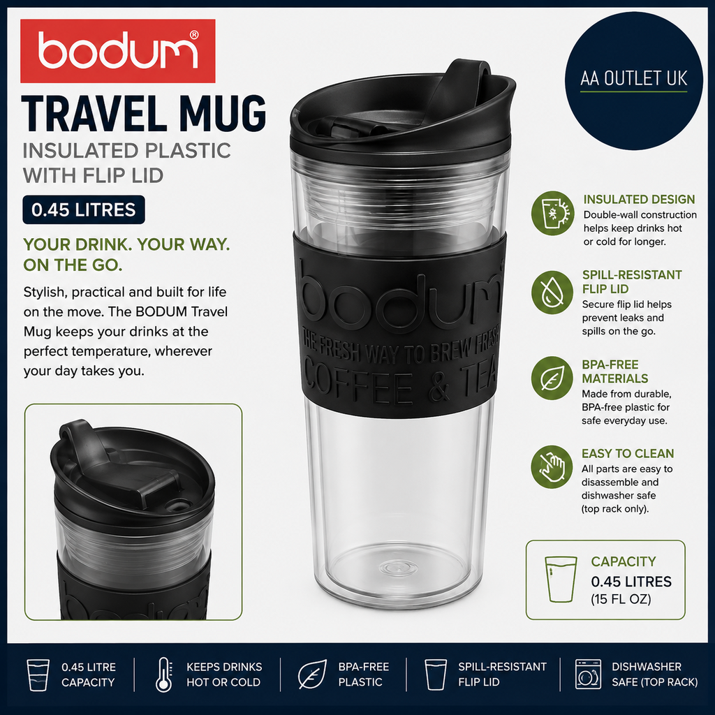 Bodum 11101-01S Travel Mug Insulated Plastic With Flip Lid 0.45Litres