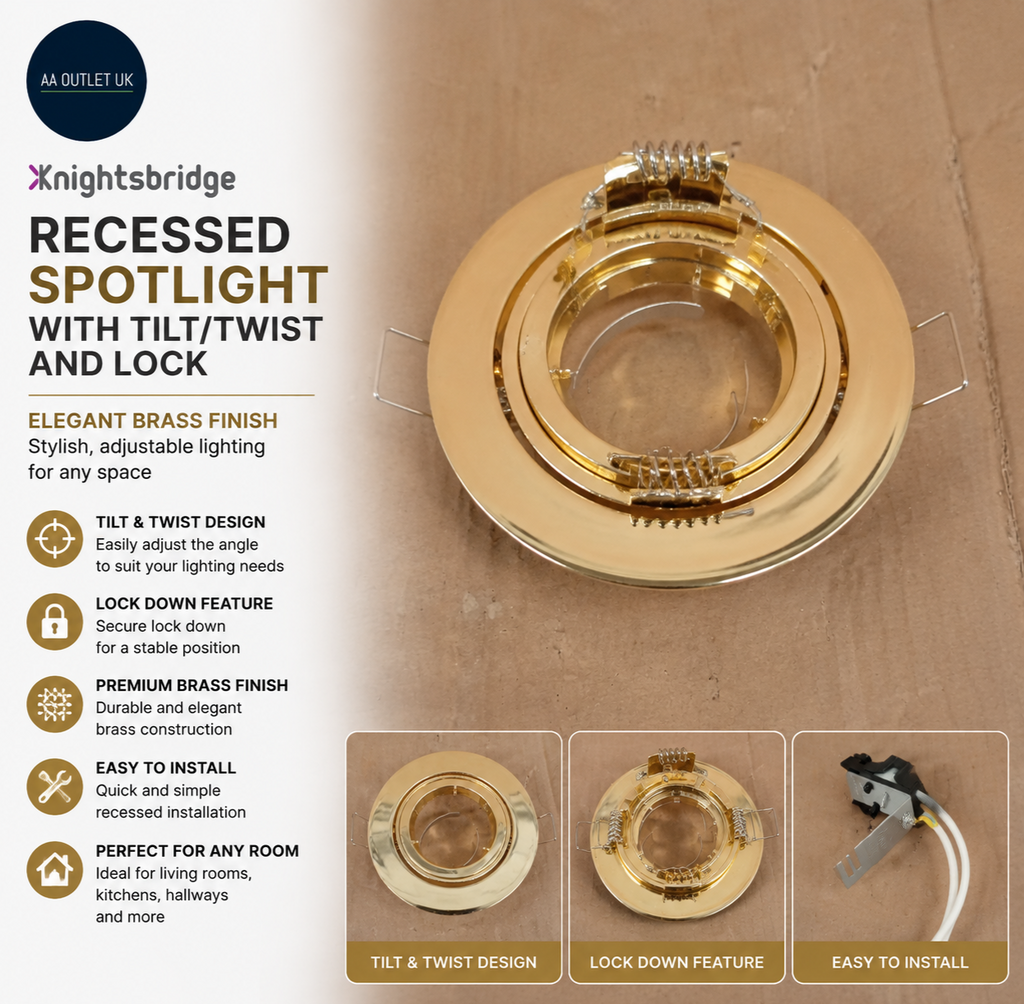 Knightsbridge Recessed Spotlight Tilt Twist & Lock Downlight Brass Aluminium